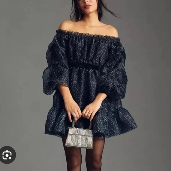 Anthropologie Blue Ruffled Off-Shoulder Mini Dress - Picture 1 of 2